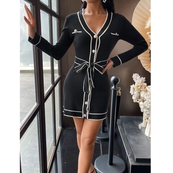 Black Knit Belted Dress Long Sleeve, Button Through Contrast White Piping Trim - Picture 5 of 11